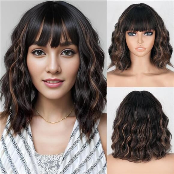 Black Mixed Brown Wigs Short Wavy Curly Wig with Bangs Shoulder